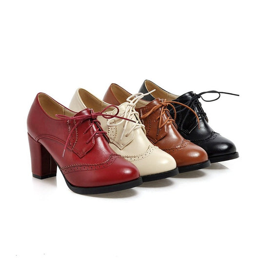 Women's Pu Leather Stitching Lace Up Block Heel Oxford Shoes
