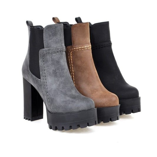 Women's Frosted Pu Leather Round Toe Block Heel Platform Short Boots
