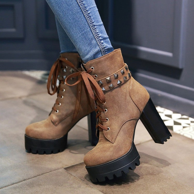 Women's Retro Pu Leather Round Toe Tied Belts Rivets Block Heel Platform Short Boots