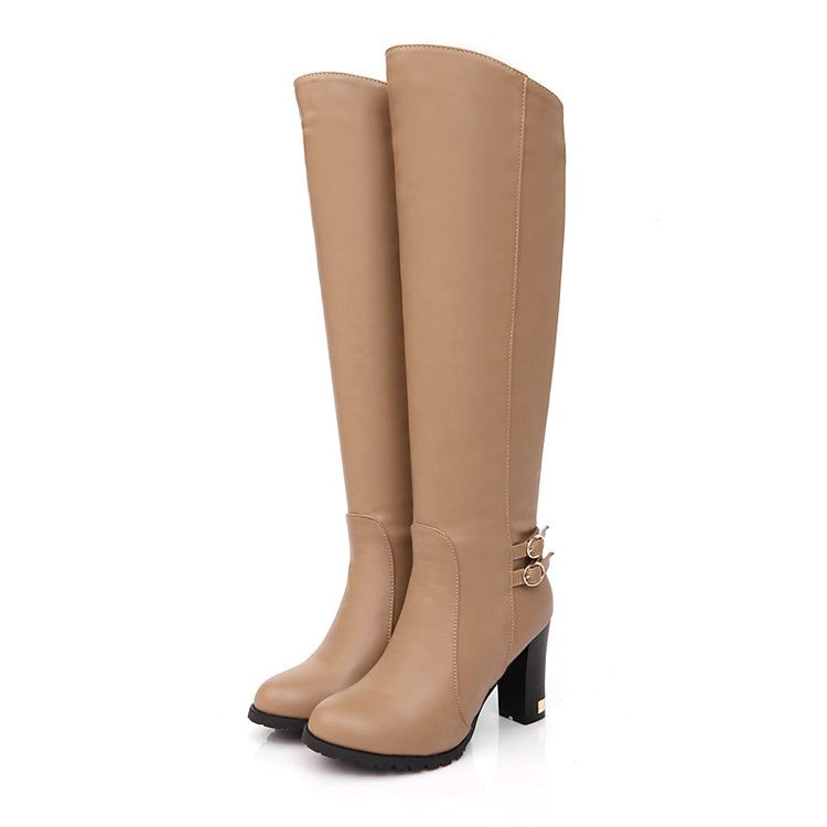 Women's Pu Leather Round Toe Belts Buckles Chunky Heel Knee High Boots