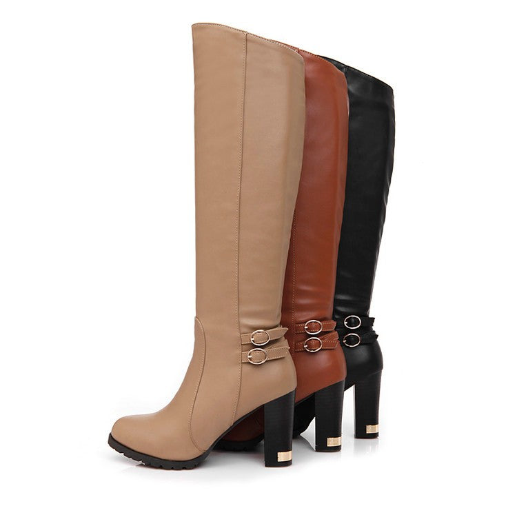Women's Pu Leather Round Toe Belts Buckles Chunky Heel Knee High Boots
