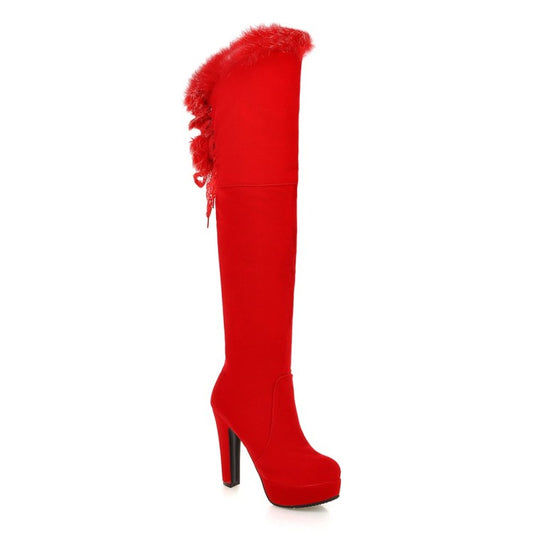 Women's Suede Round Toe Fur Zipper Platform Chunky Heel Knee High Boots