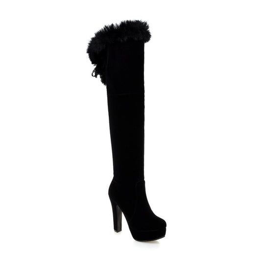 Women's Suede Round Toe Fur Zipper Platform Chunky Heel Knee High Boots