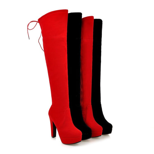 Women's Suede Round Toe Back Tied Side Zipper Platform Chunky Heel Over the Knee Boots