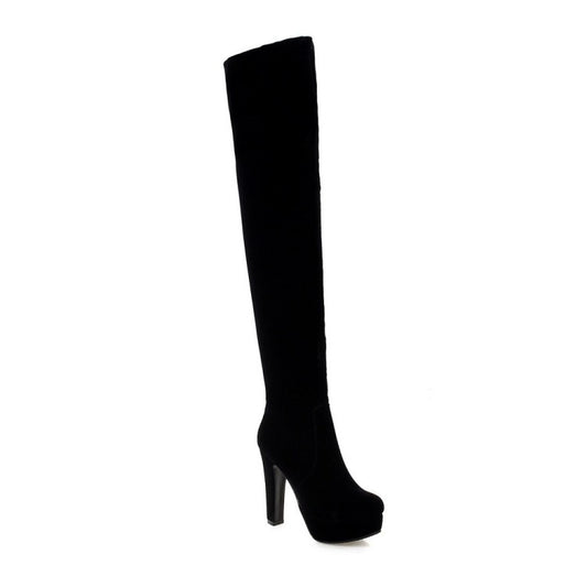 Women's Suede Round Toe Side Zippers Chunky Heel Platform Over the Knee Boots