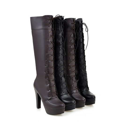 Women's Pu Leather Round Toe Lace Up Chunky Heel Platform Knee High Boots