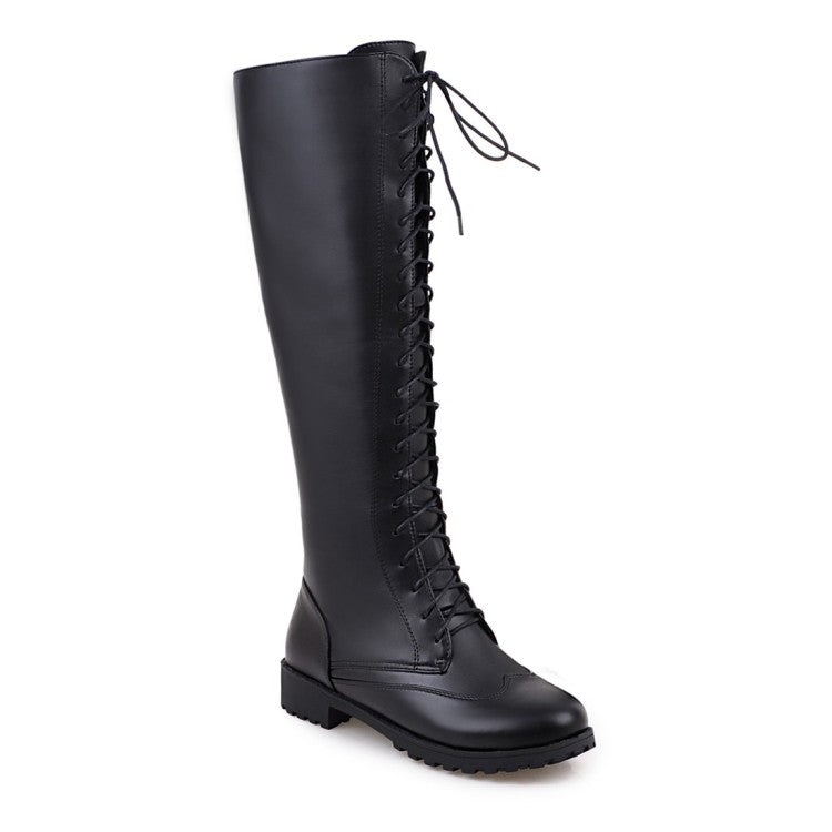 Women's Pu Leather Round Toe Low Heel Lace Up Knee High Boots