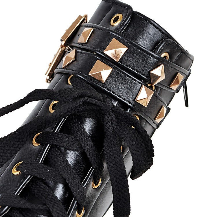 Women's Pu Leather Belts Buckles Lace Up Block Heel Platform Ankle Boots