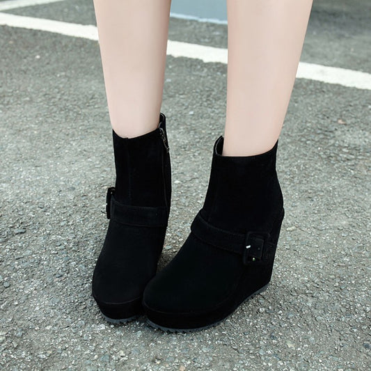 Women's Buckle Platform Wedges Heel Short Boots