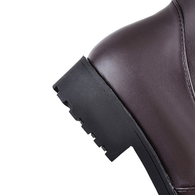 Women's Pu Leather Belts Buckles Side Zippers Low Heel Knee High Boots