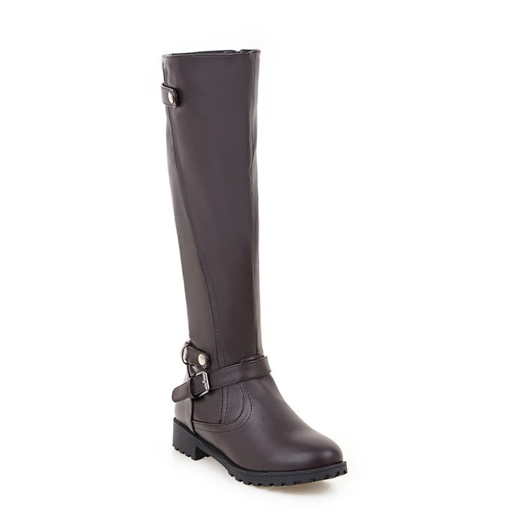 Women's Pu Leather Round Toe Side Zippers Low Heel Knee High Boots
