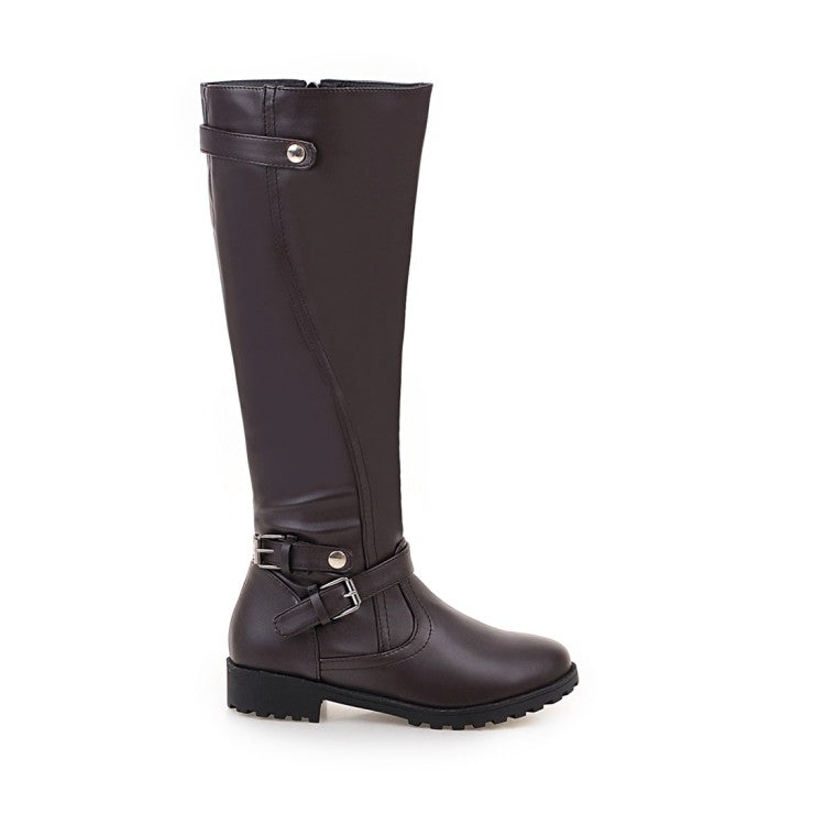 Women's Pu Leather Round Toe Side Zippers Low Heel Knee High Boots