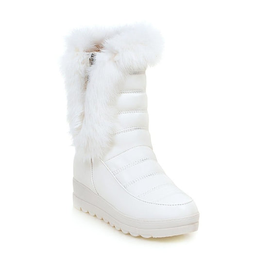 Women Rabbit Fur Platform Wedges Heels Snow Boots