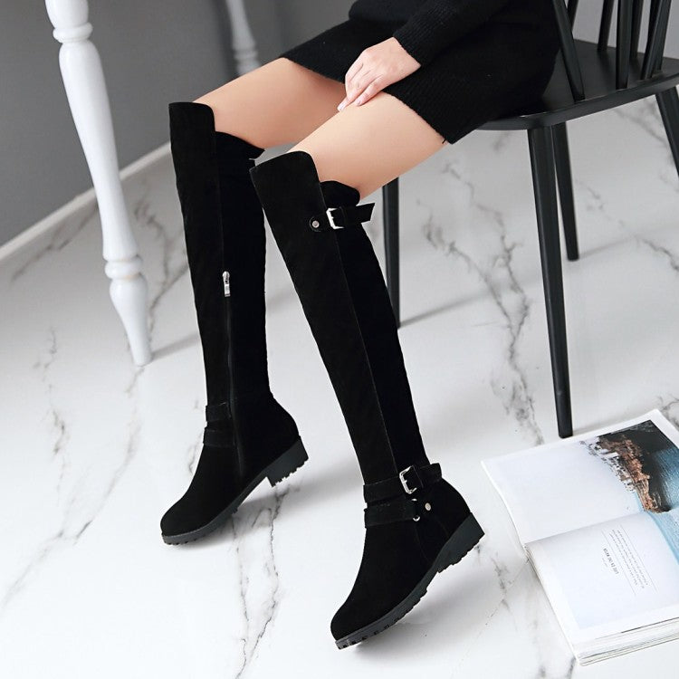 Women's Frosted Belts Buckles Round Toe Side Zippers Knee High Boots