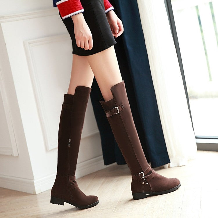 Women's Frosted Belts Buckles Round Toe Side Zippers Knee High Boots