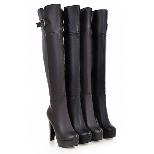 Women's Pu Leather Belts Buckles Side Zippers Chunky Heel Platform Over the Knee Boots