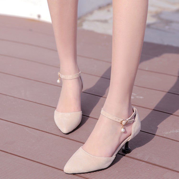 Women's's High Heels Suede Ankle Strap Pearls Spool Heel Stiletto Sandals