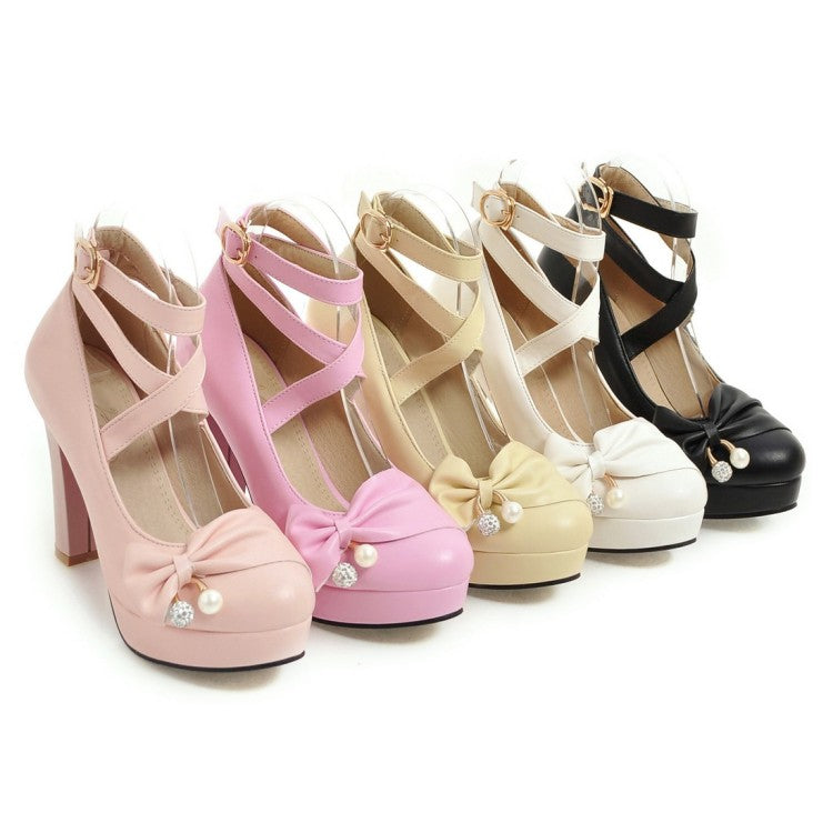 Women's Strappy Bowtie High Heel Chunky Heels Platform Pumps