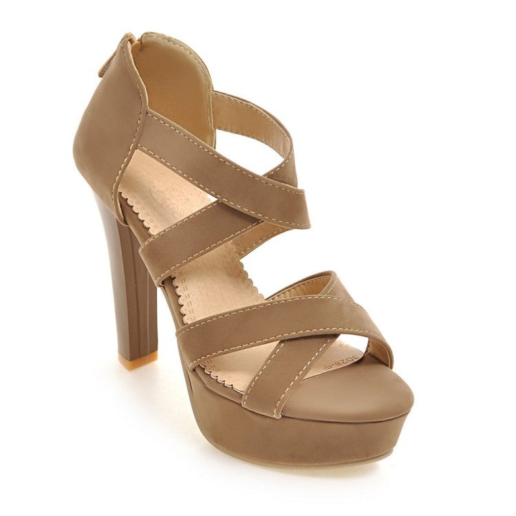 Women's Solid Color Cross Strap Ankle Wrap High Heel Platform Sandals