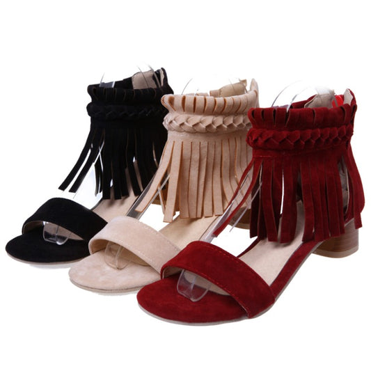 Women's Woven Tassel Ankle Strap Block Heel Sandals