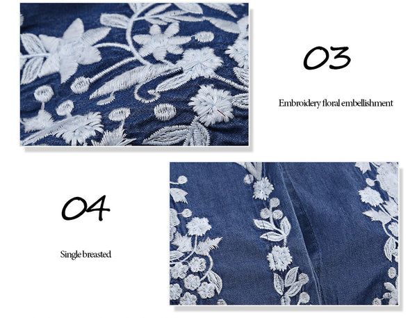 Long Sleeve Floral Embroidery Button Up Denim Women Shirt 1379