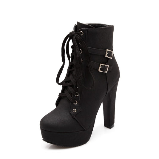 Women's Frosted Pu Leather Tied Belts Buckles Chunky Heel Platform Short Boots