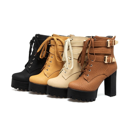 Women's Frosted Pu Leather Round Toe Tied Belts Buckles Block Heel Platform Short Boots