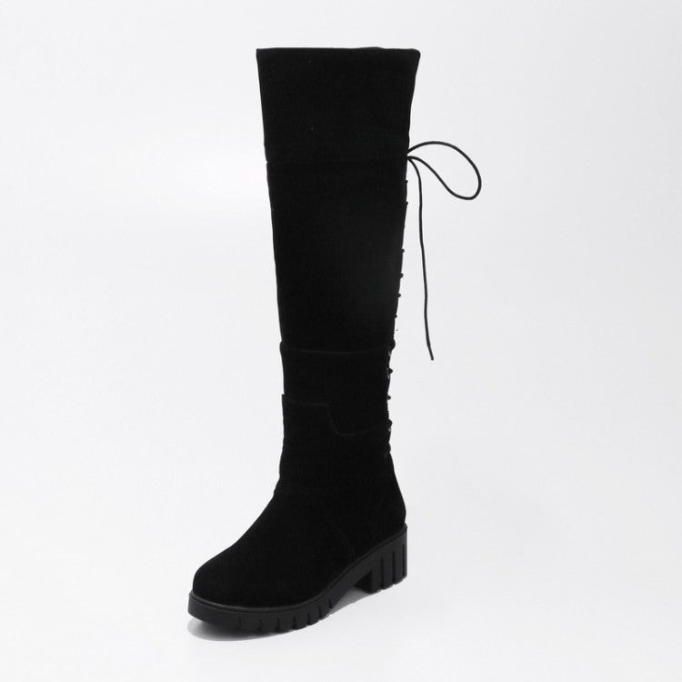 Women's Suede Round Toe Back Tied Lace Up Block Heel Knee High Boots