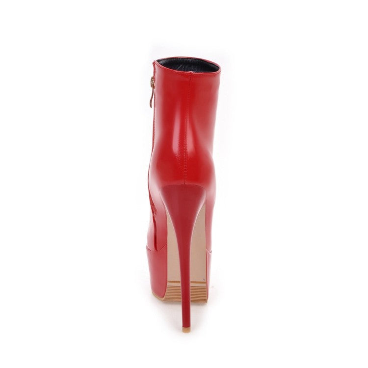 Women's Pu Leather Round Toe Side Zippers Stiletto Heel Platform Short Boots