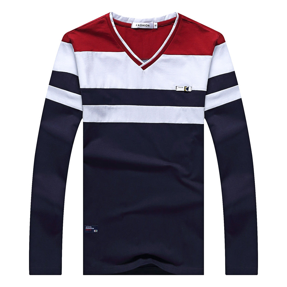 Fall Long Sleeved V Neck Stripe Cotton Blend T-shirt for Man 859