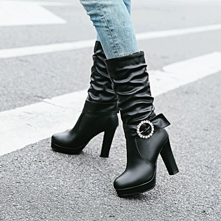 Women's Round Toe Rhinestone Belts Buckles Chunky Heel Platform Mid Calf Boots