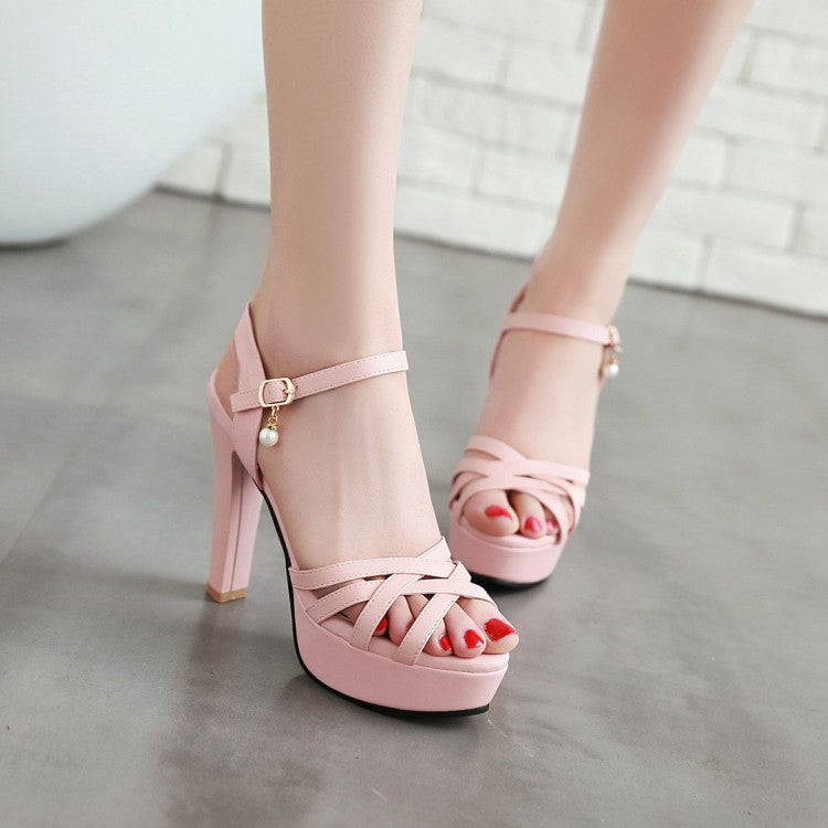 Women's Ankle Strap Pearls High Heel Platform Sandals