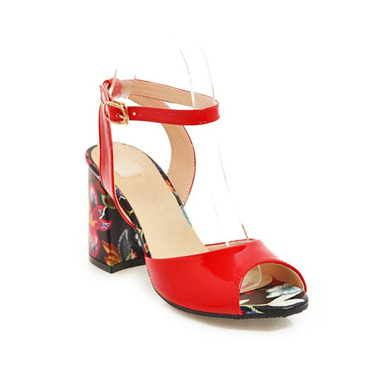 Women's's Color Block Peep Toe Printed Block Heels Sandals