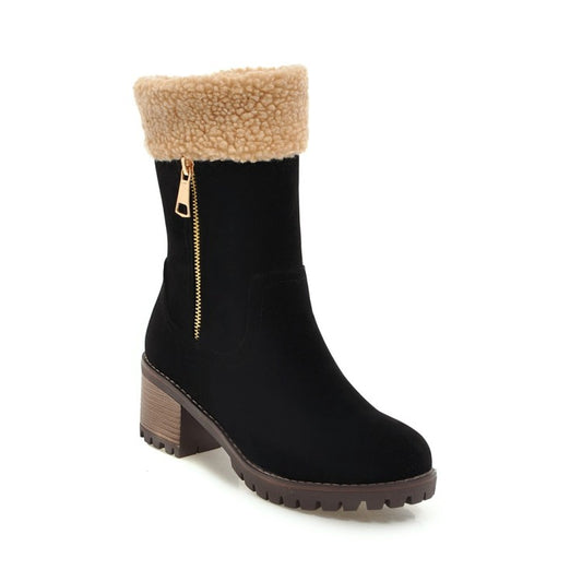 Women's Suede Stitching Side Zippers Block Heel Short Boots