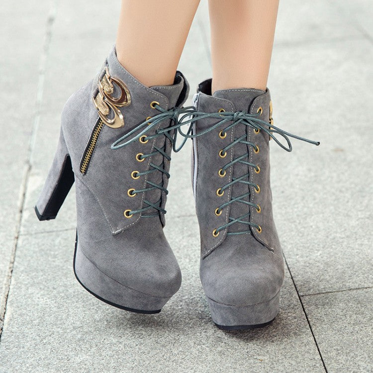 Women's Zip Lace Up Platform High Heel Short Boots