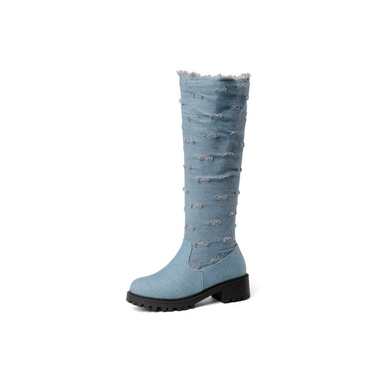 Women's Denim Mid Heel Knee High Boots