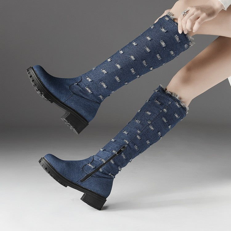 Women's Denim Mid Heel Knee High Boots