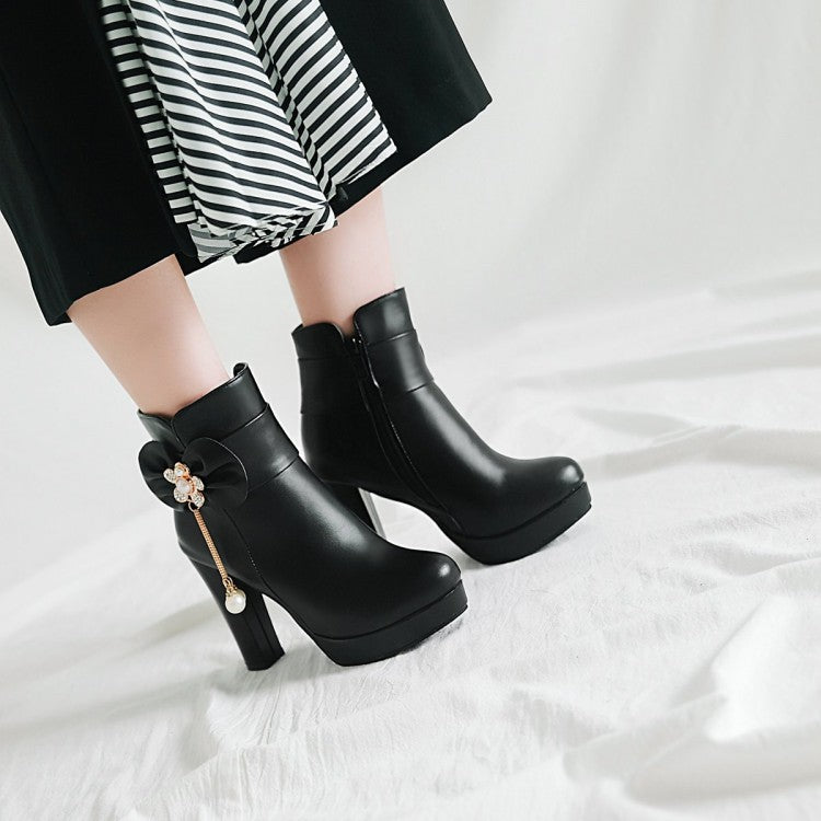 Women's Pu Leather Rhinestone Pearls Bowtie Chunky Heel Platform Ankle Boots