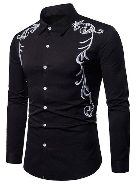 Men's Long Sleeved Contrast Leaves Embroidery Shirt – meetfun
