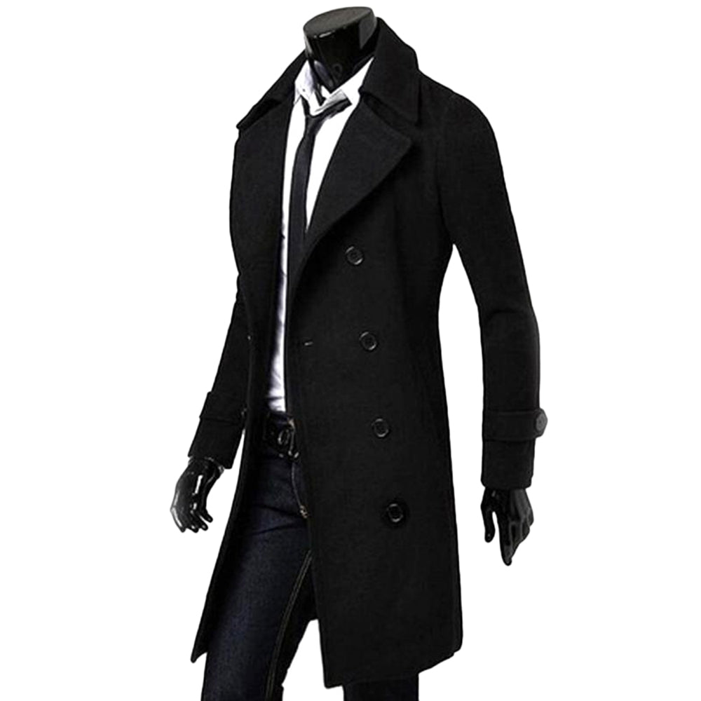 Men's Solid Long Woolen Coat Casual Business Jacket Outwear