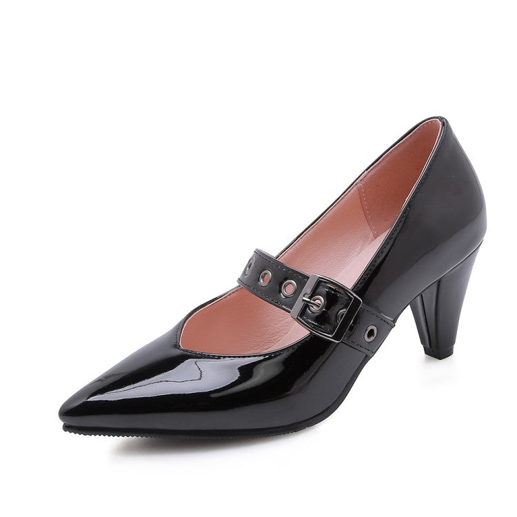 Women Pumps Glossy Pointed Toe Mary Janes Buckle Straps Cone Hee