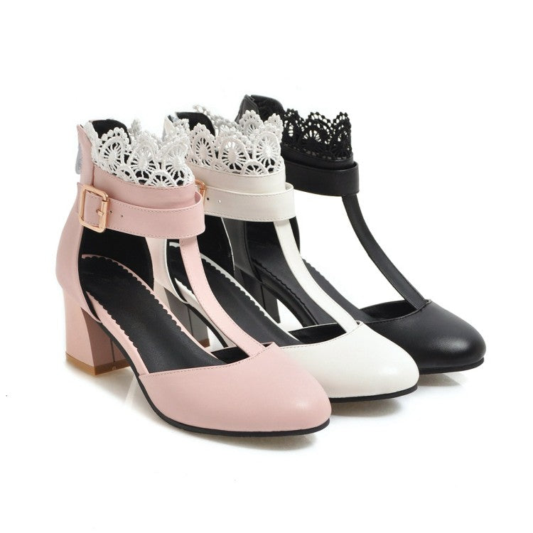 Women T Strap Lace Ankle Wrap Buckle High Heels Block Heel Sandals