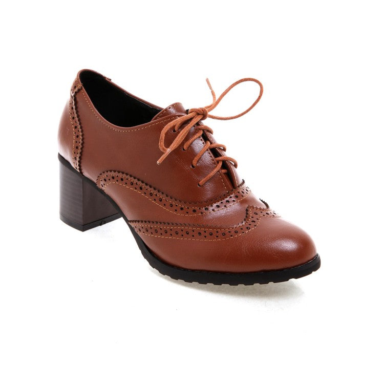 Women's Round Toe Stitching Block Heel Lace Up Chunky Heels Oxford Shoes