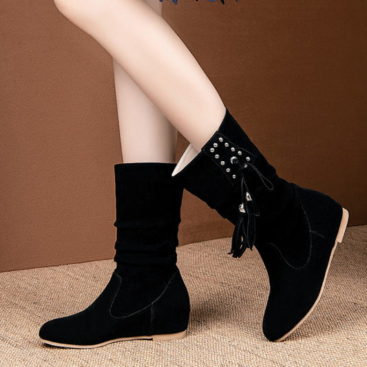 Women's Rivets Tassel Mid Heel Mid Calf Boots