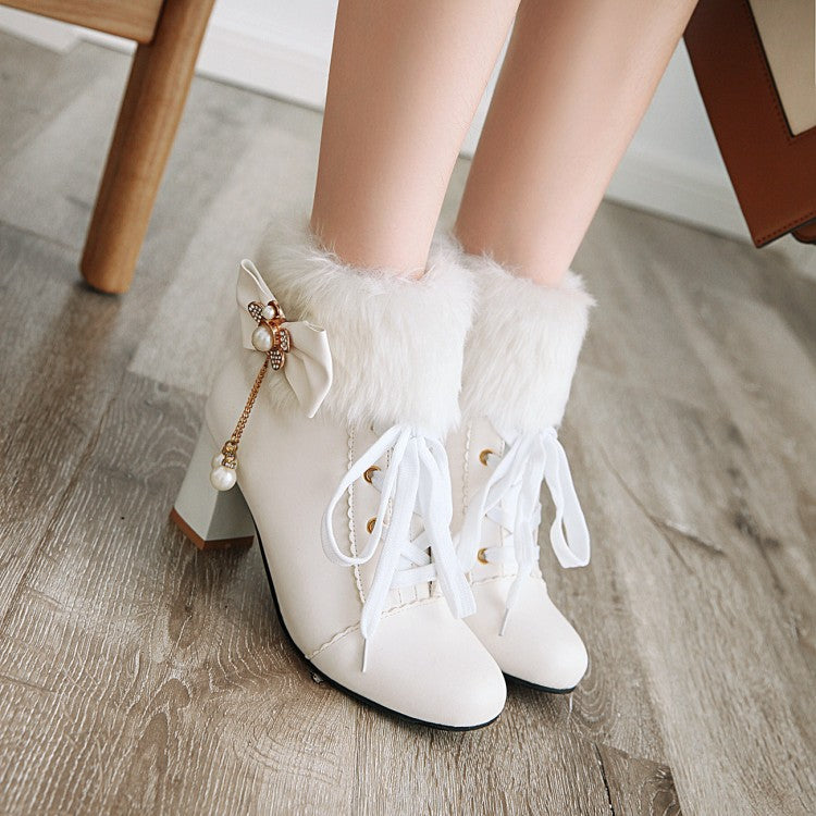 Women's Lace Up Rhinestone Bowtie Tassel Block Heel Ankle Boots