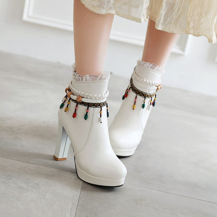 Women's Pu Leather Ethnic Tassel Lace Chunky Heel Platform Ankle Boots