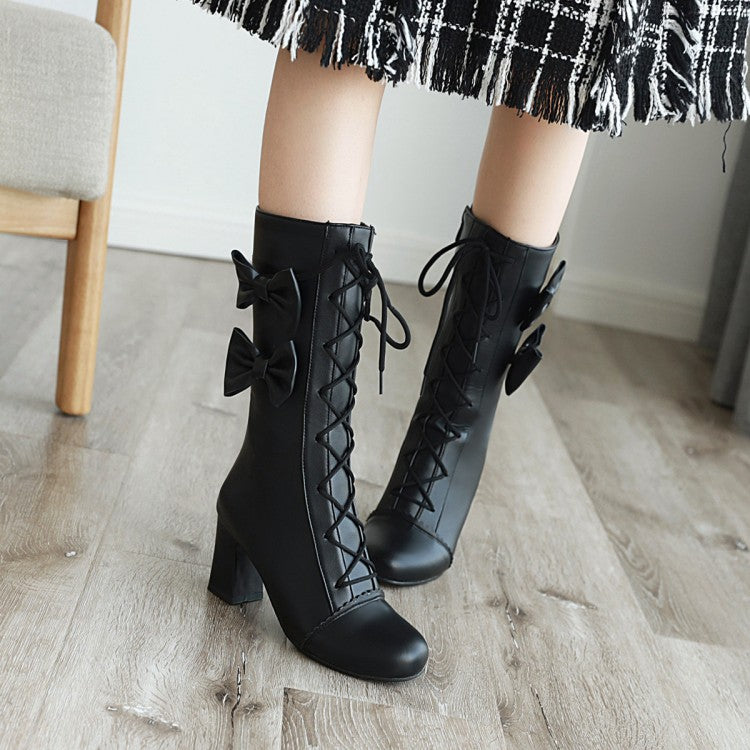 Women's Pu Leather Round Toe Lace Up Bowtie Block Heel Mid Calf Boots
