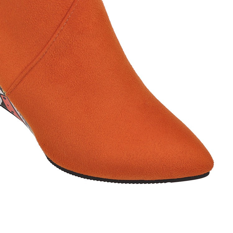 Women's Suede Pointed Toe Ethnic Wedge Heel Short Boots