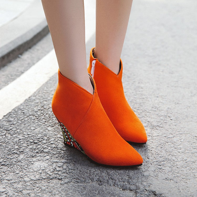 Women's Suede Pointed Toe Ethnic Wedge Heel Short Boots