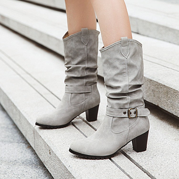 Women's Pu Leather Pointed Toe Belts Buckles Stitching Block Heel Mid Calf Boots